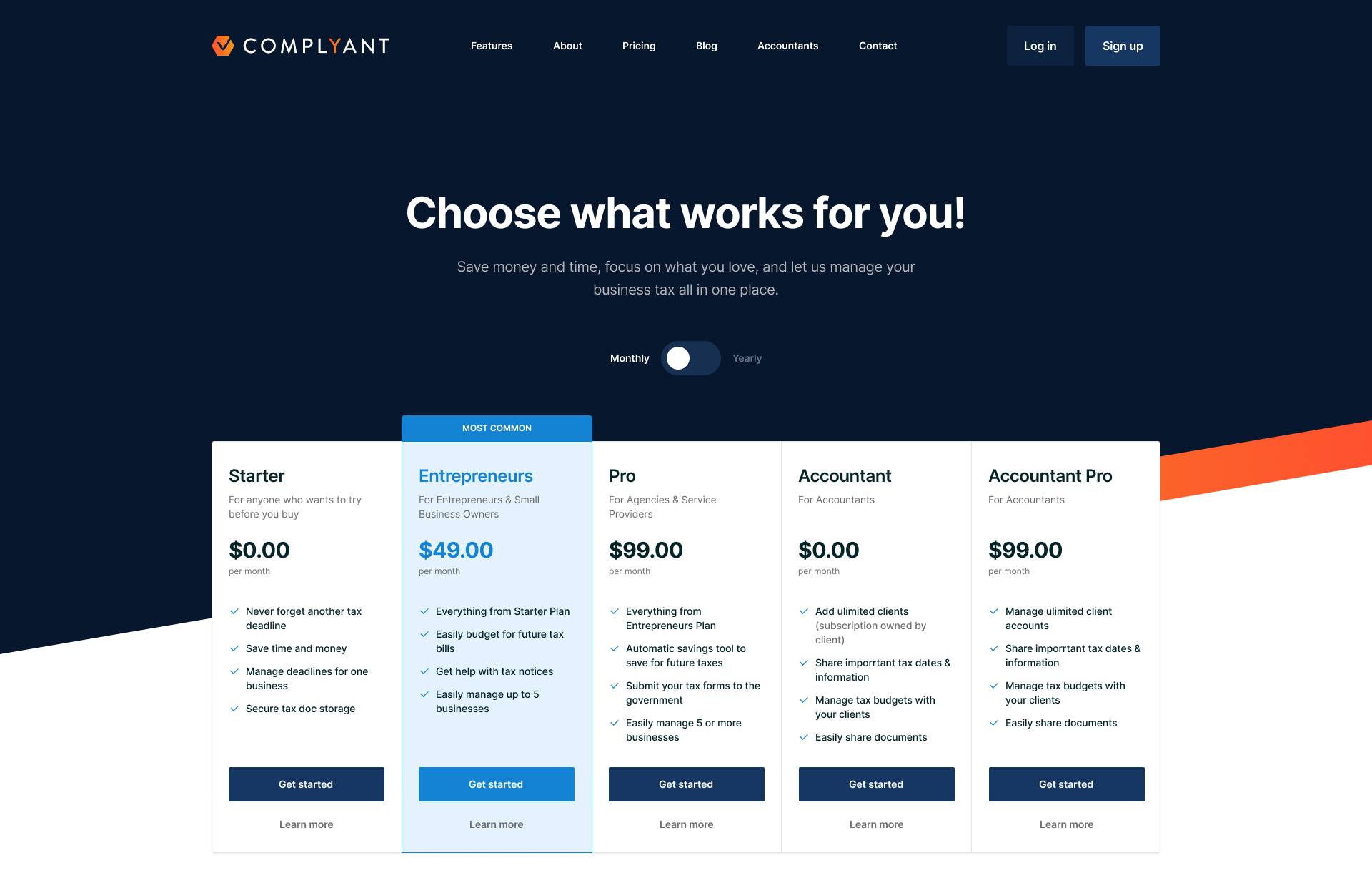 Complyant pricing page design